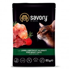 Savory Adult Cat Pouch Lamb and Beetroot in Gravy, для дорослих котів, з ягням та буряком, в соусі, 12х85г