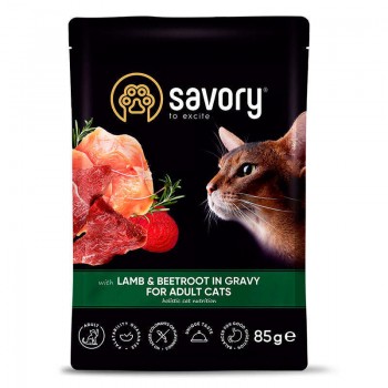 Savory Adult Cat Pouch Lamb and Beetroot in Gravy, для дорослих котів, з ягням та буряком, в соусі, 12х85г