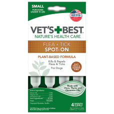 Vet`s Best Flea + Tick Spot On Tubes Small краплі від бліх та кліщів, для собак маленьких порід до 7кг, 17.7мл.